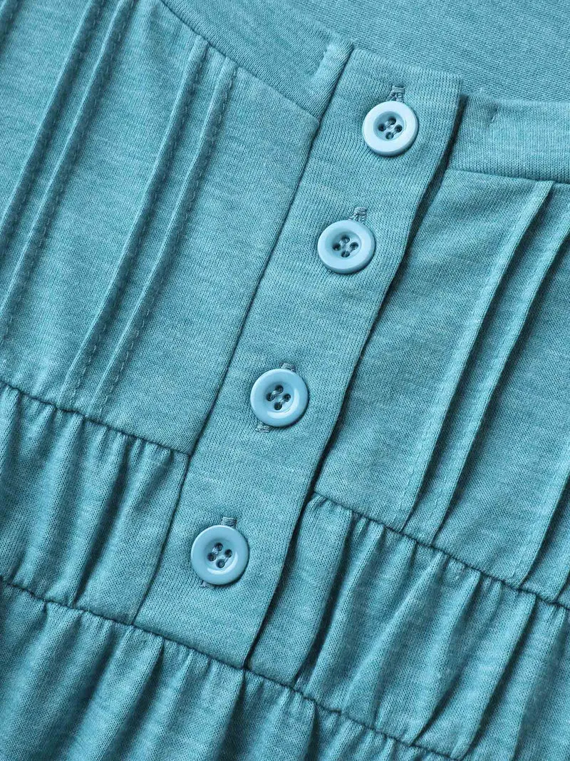 Heather Pleated Buttons Placket Solid T-Shirt