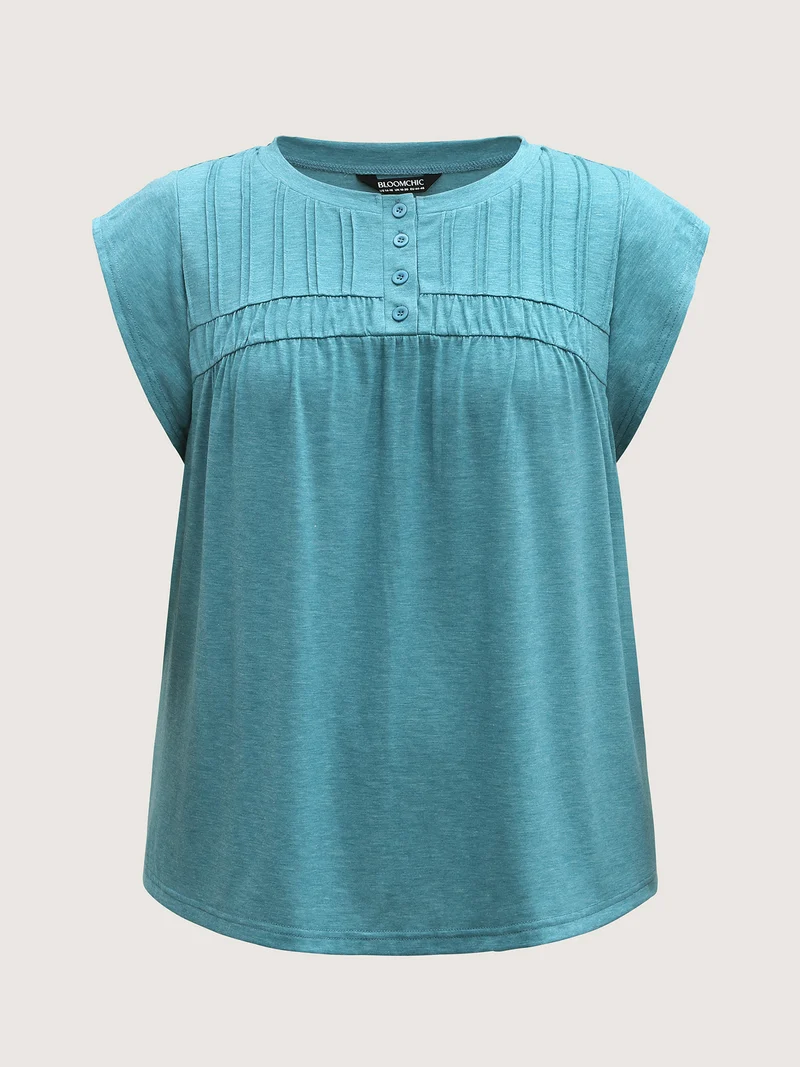 Heather Pleated Buttons Placket Solid T-Shirt