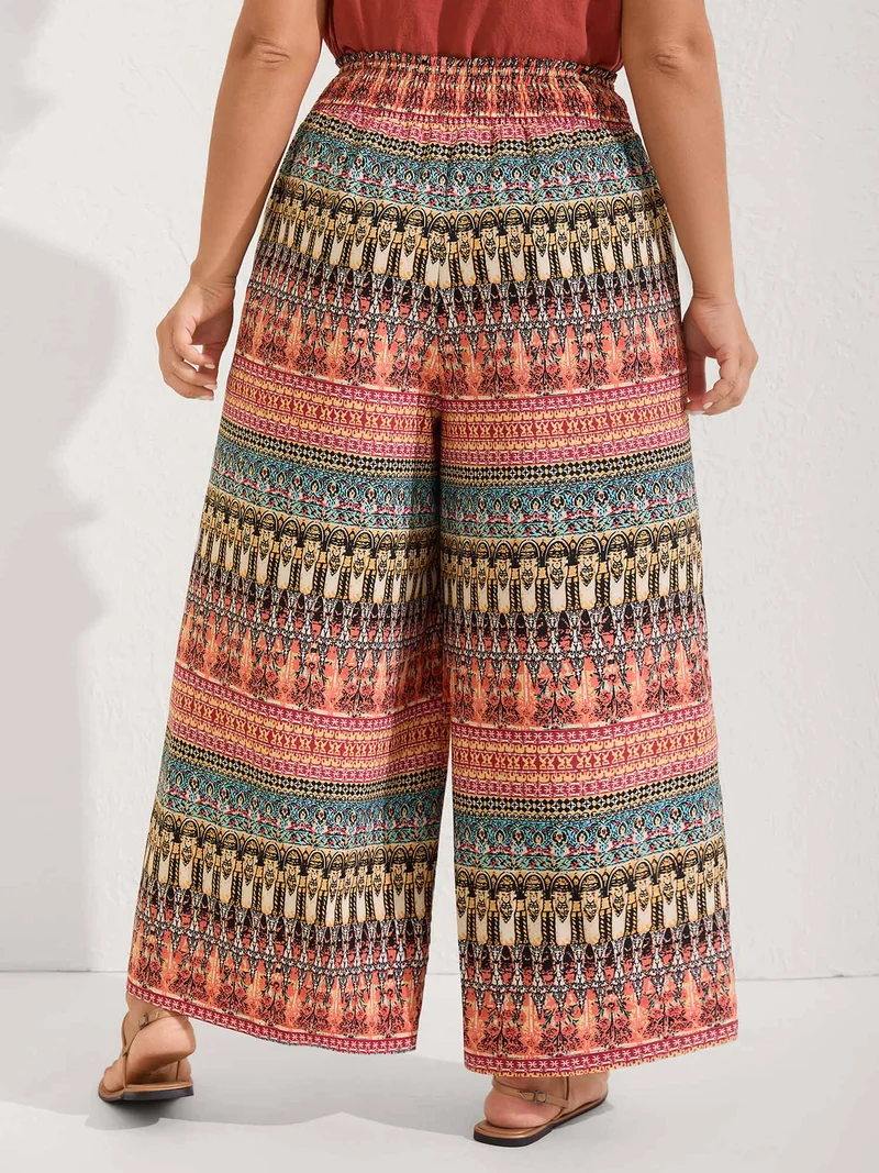 Boho Stripes Wide-Leg Shirred Pants