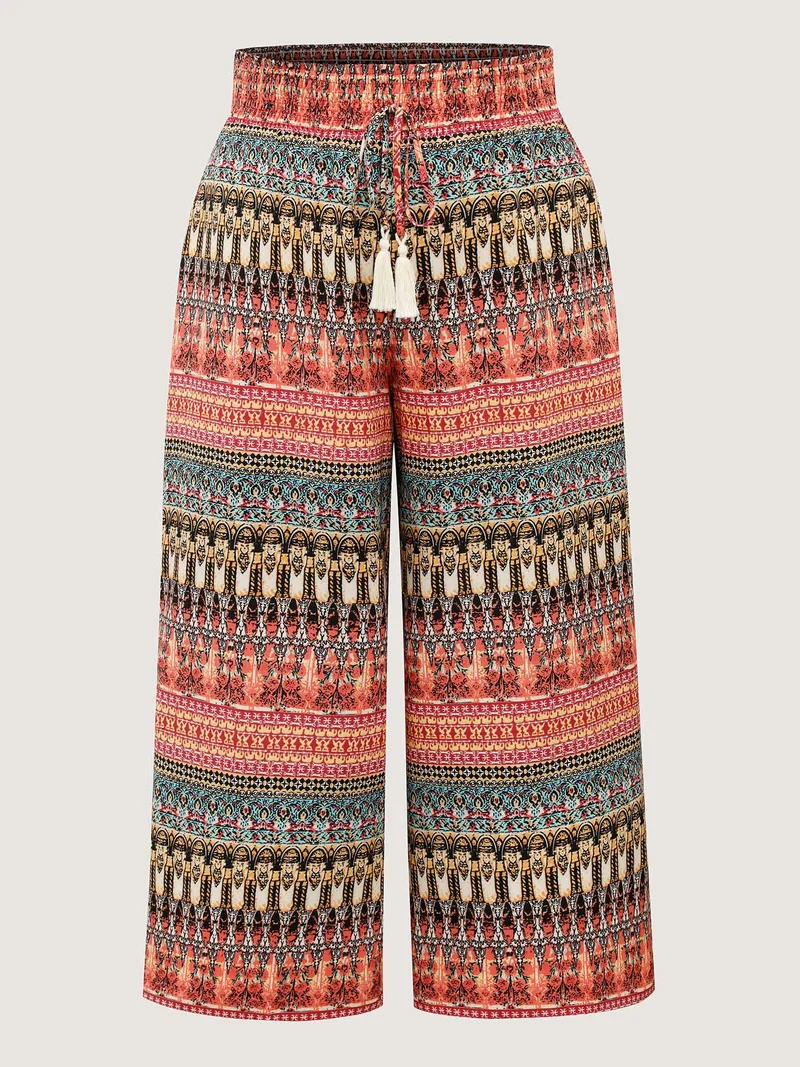 Boho Stripes Wide-Leg Shirred Pants