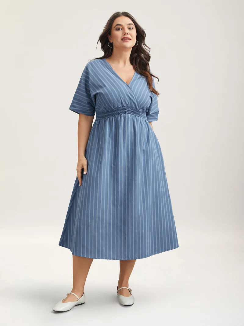 Striped Surplice Neckline Shirred Midi Dress