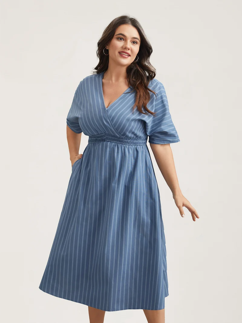 Striped Surplice Neckline Shirred Midi Dress