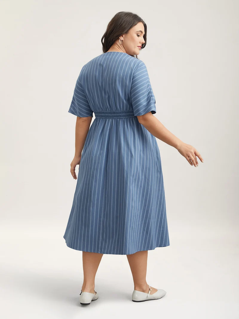 Striped Surplice Neckline Shirred Midi Dress