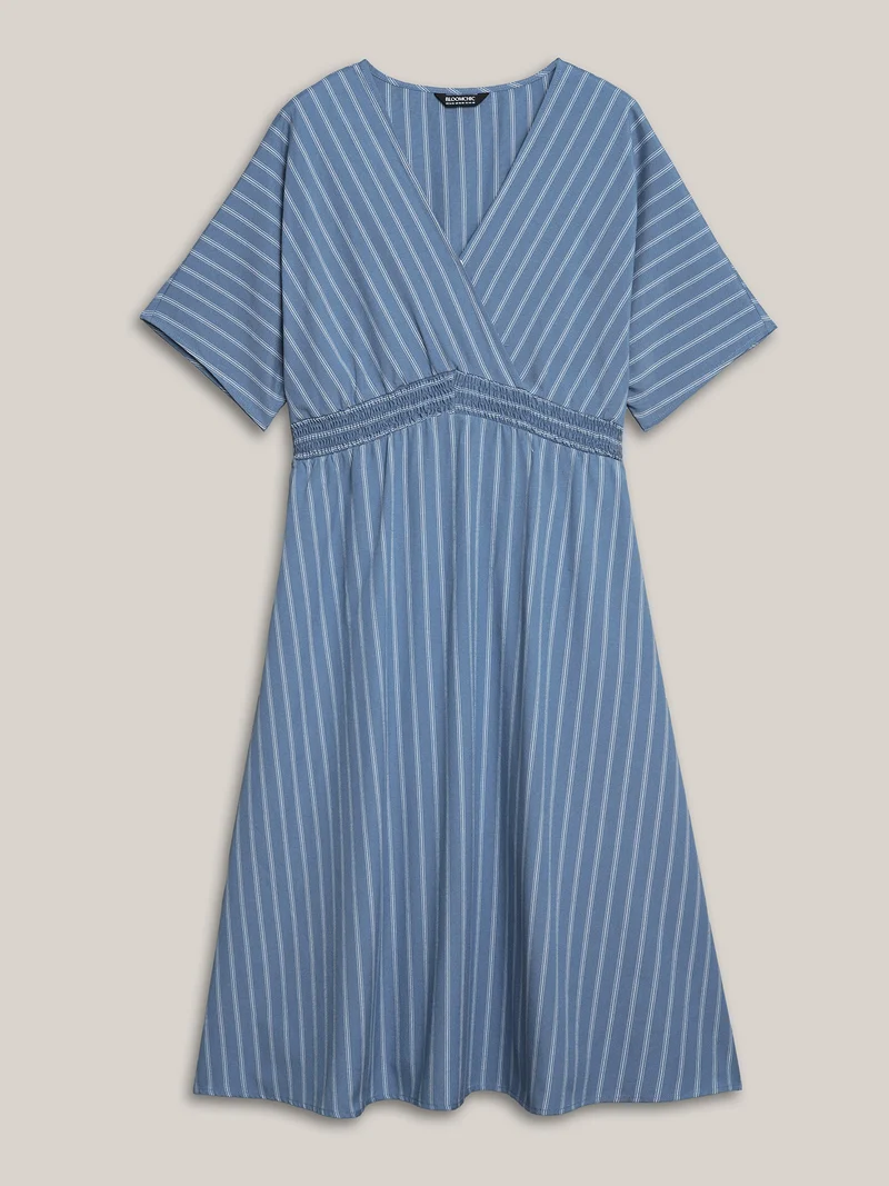 Striped Surplice Neckline Shirred Midi Dress