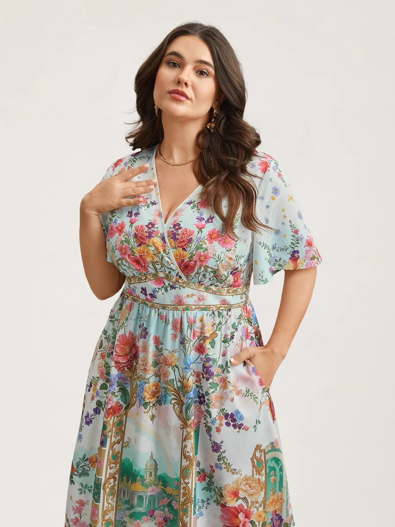 Floral Print Wrap-Neck Flared Sleeve Maxi Dress