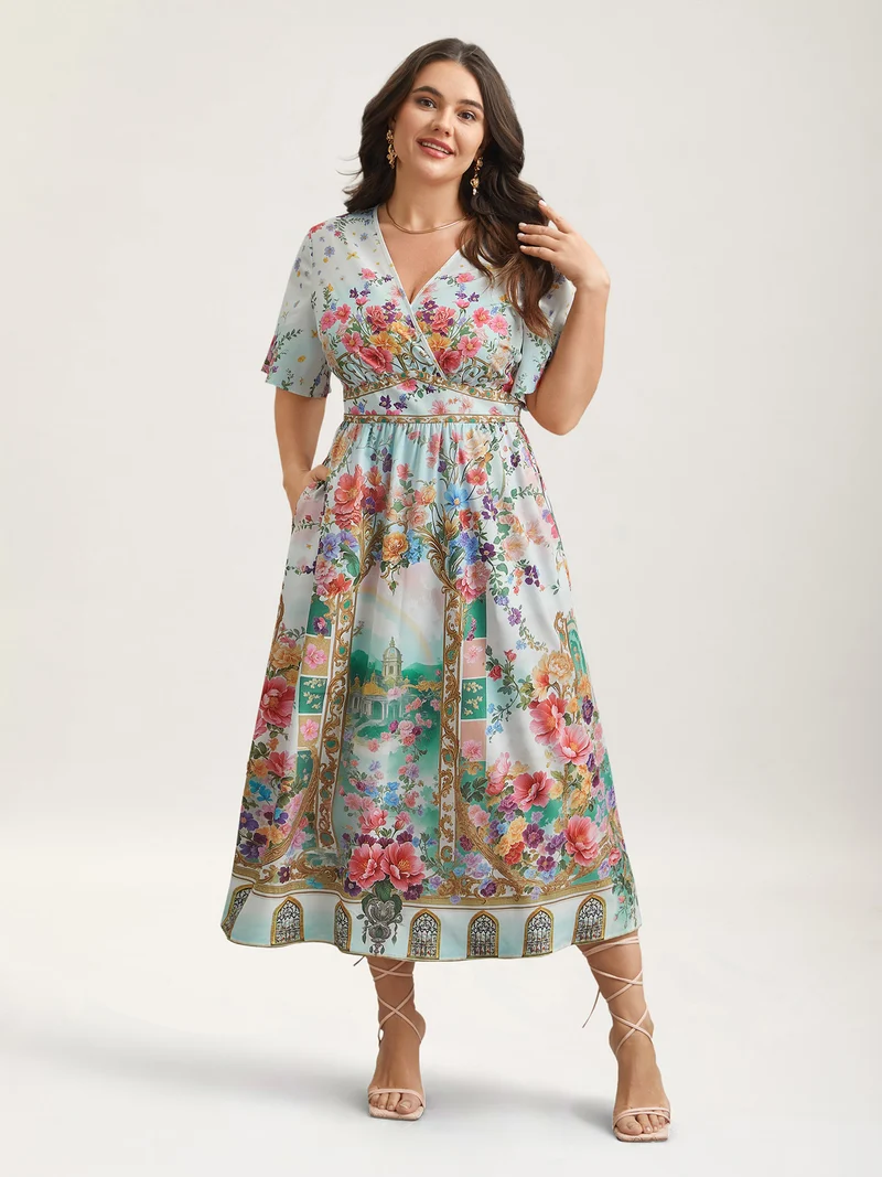Floral Print Wrap-Neck Flared Sleeve Maxi Dress