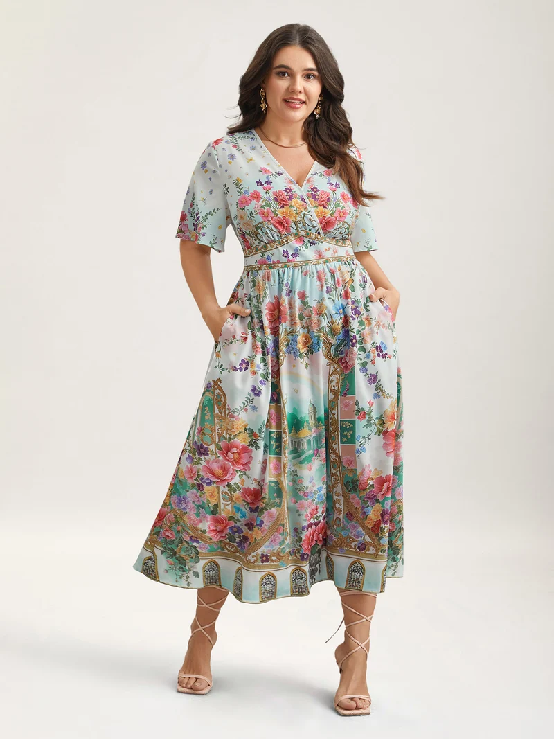Floral Print Wrap-Neck Flared Sleeve Maxi Dress