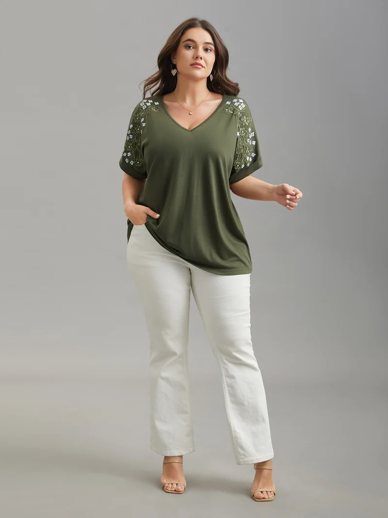 Stretchy Embroidered Drop Shoulder T-Shirt