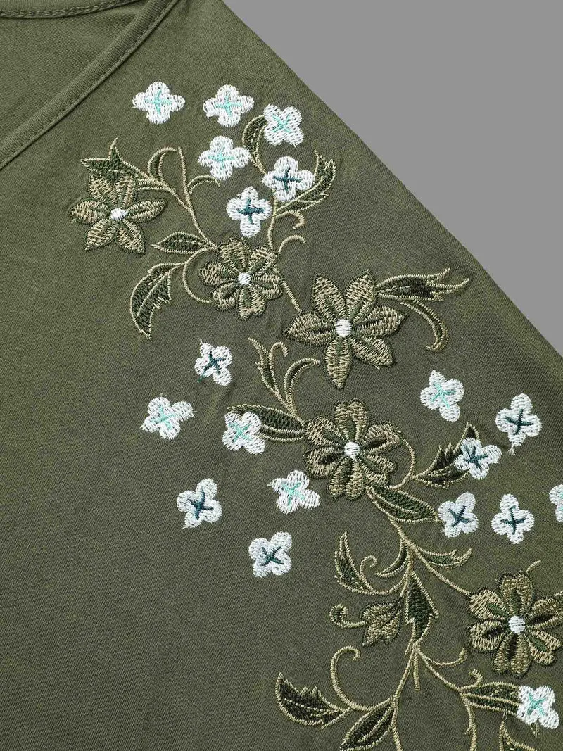 Stretchy Embroidered Drop Shoulder T-Shirt