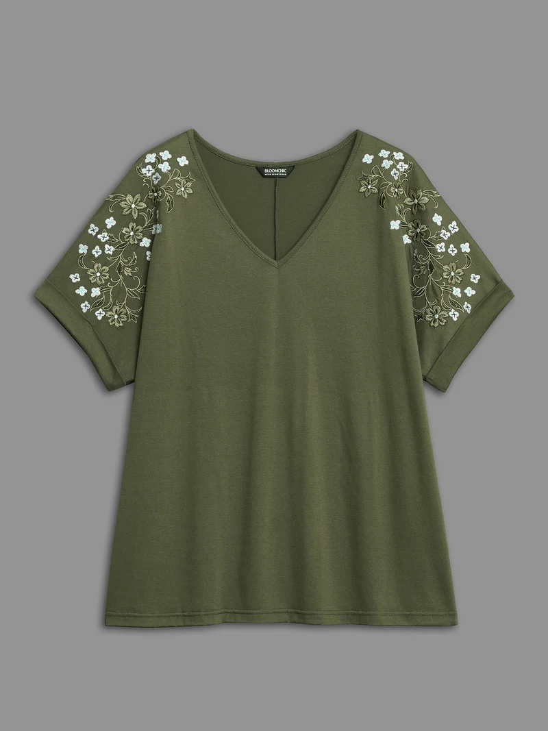 Stretchy Embroidered Drop Shoulder T-Shirt