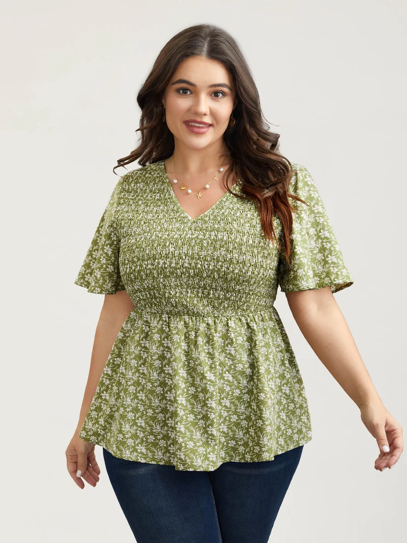 Floral Print Shirred Front Peplum Shirt