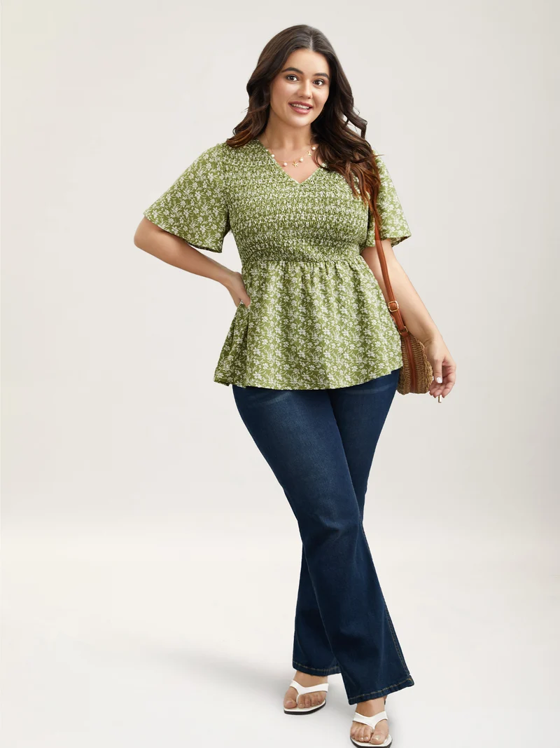 Floral Print Shirred Front Peplum Shirt