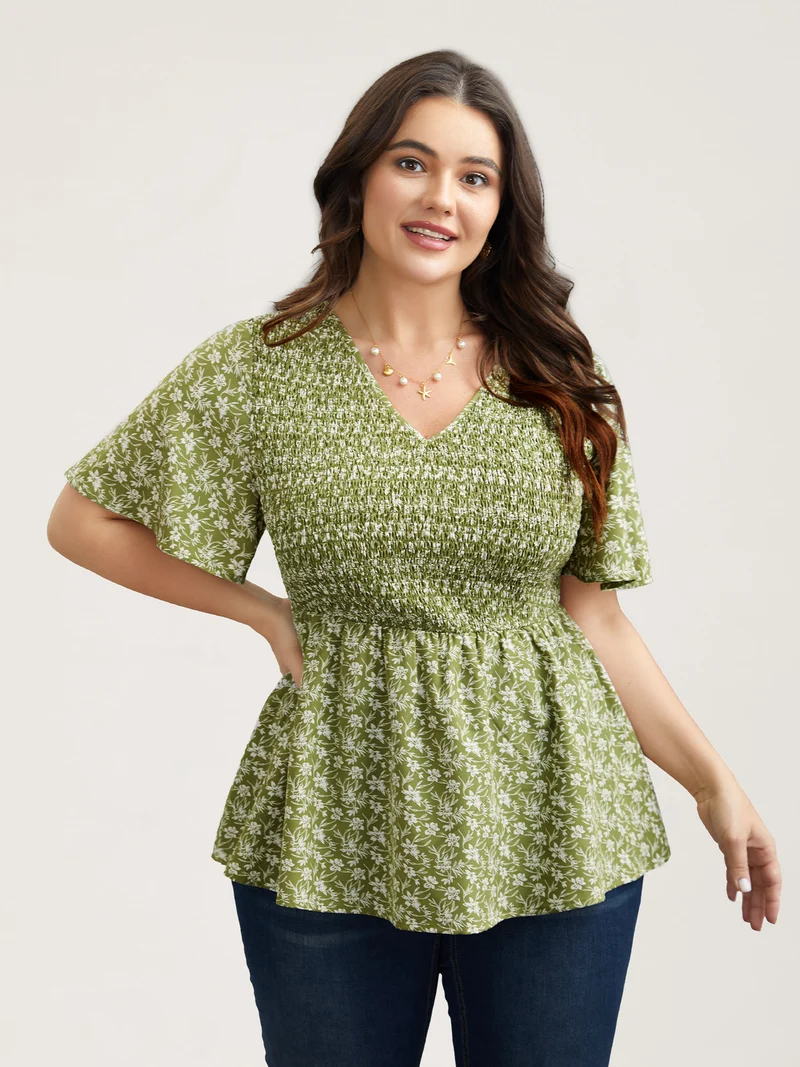 Floral Print Shirred Front Peplum Shirt