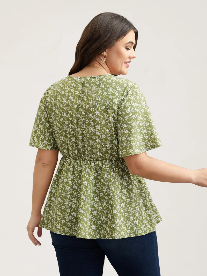 Floral Print Shirred Front Peplum Shirt