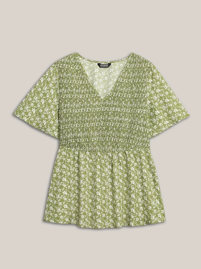 Floral Print Shirred Front Peplum Shirt