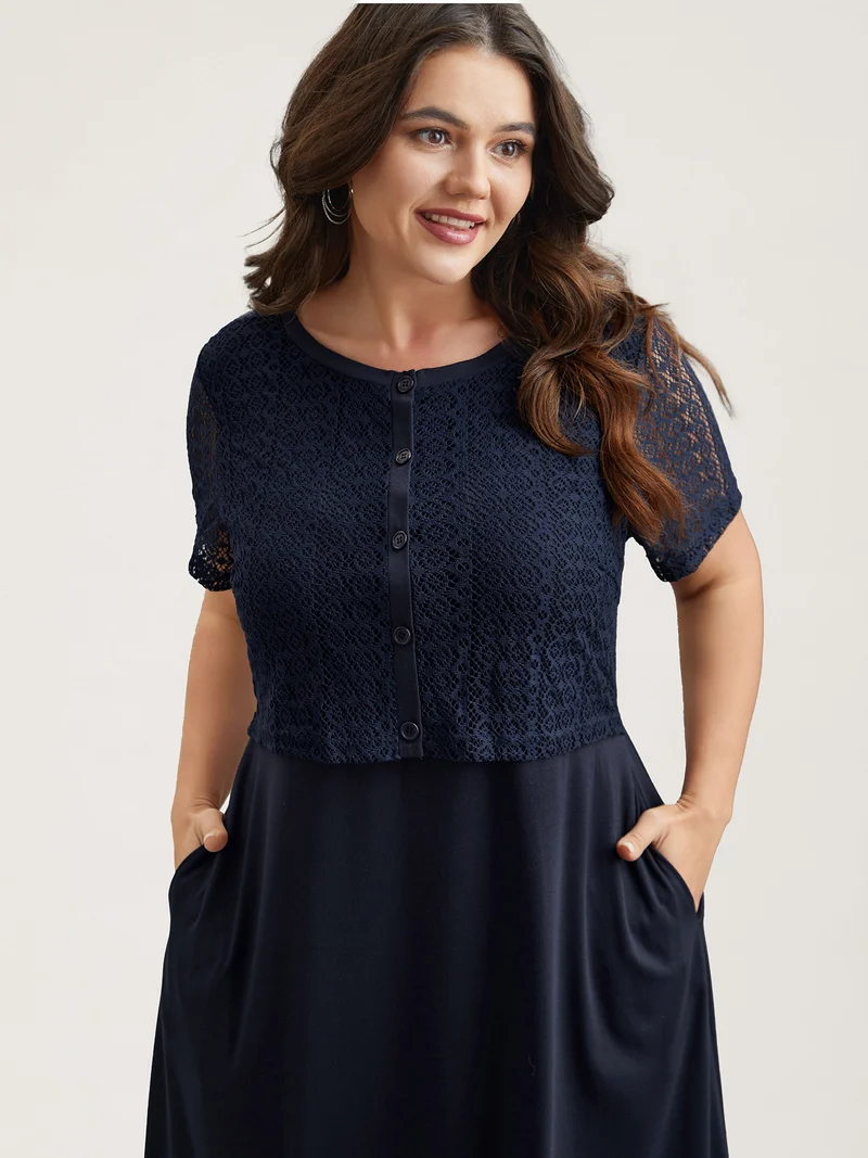 2-in-1 Spliced Button-Front Midi Dress