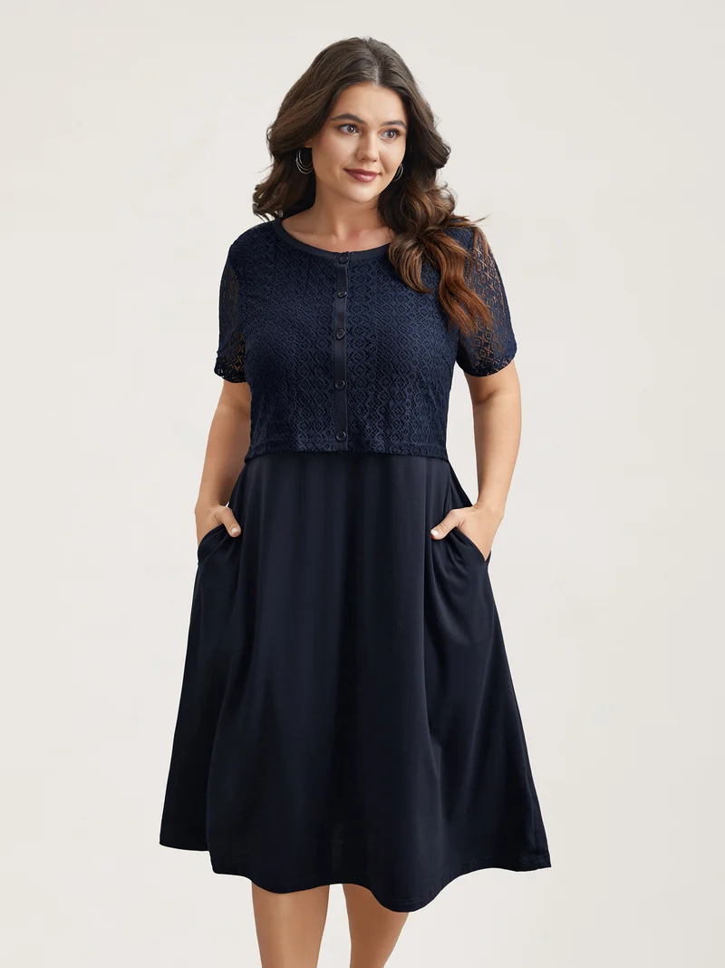 2-in-1 Spliced Button-Front Midi Dress