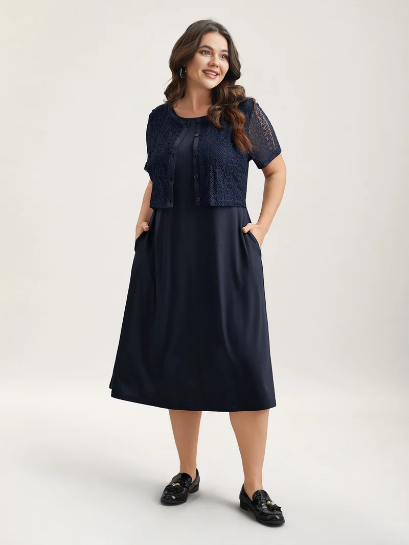 2-in-1 Spliced Button-Front Midi Dress