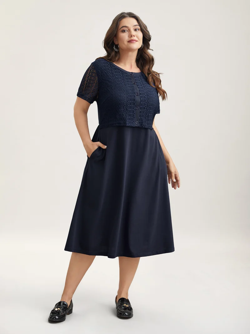 2-in-1 Spliced Button-Front Midi Dress