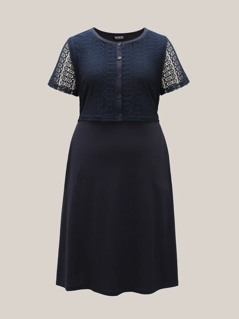 2-in-1 Spliced Button-Front Midi Dress