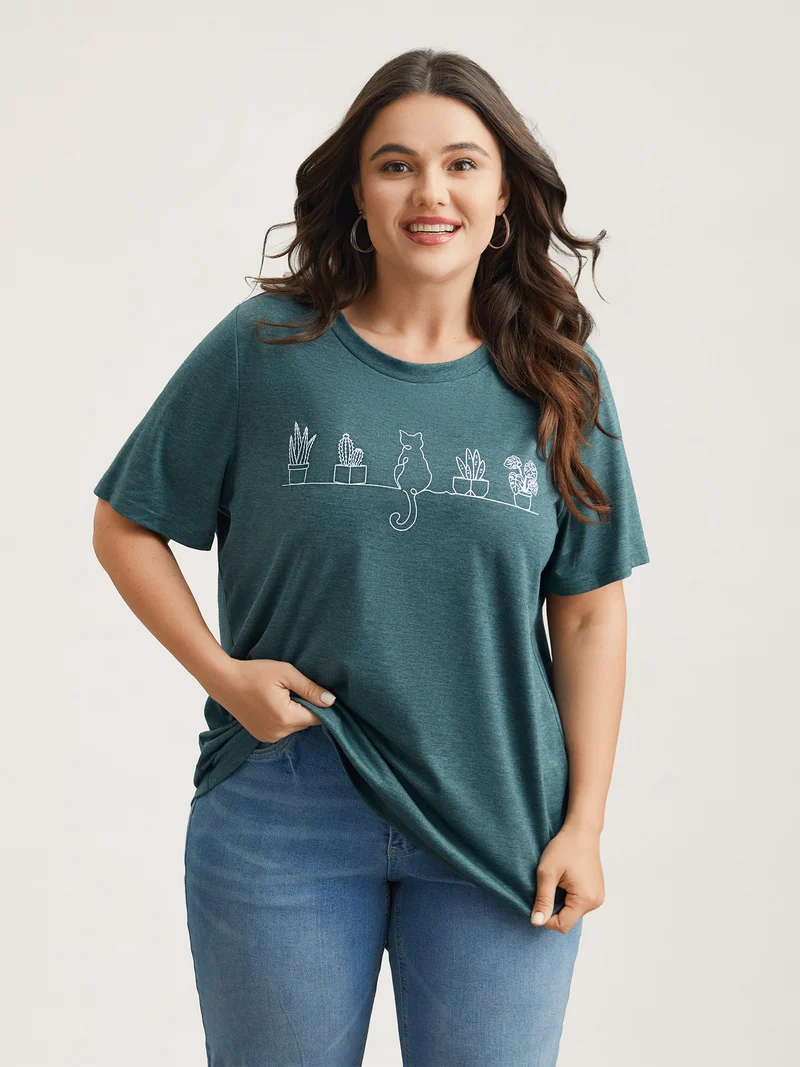 Cat Print Crew Neck Stretchy T-Shirt