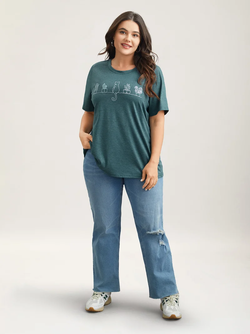 Cat Print Crew Neck Stretchy T-Shirt