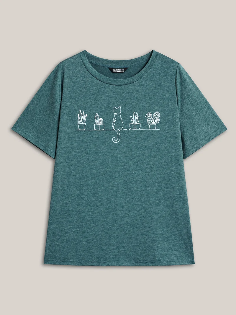 Cat Print Crew Neck Stretchy T-Shirt