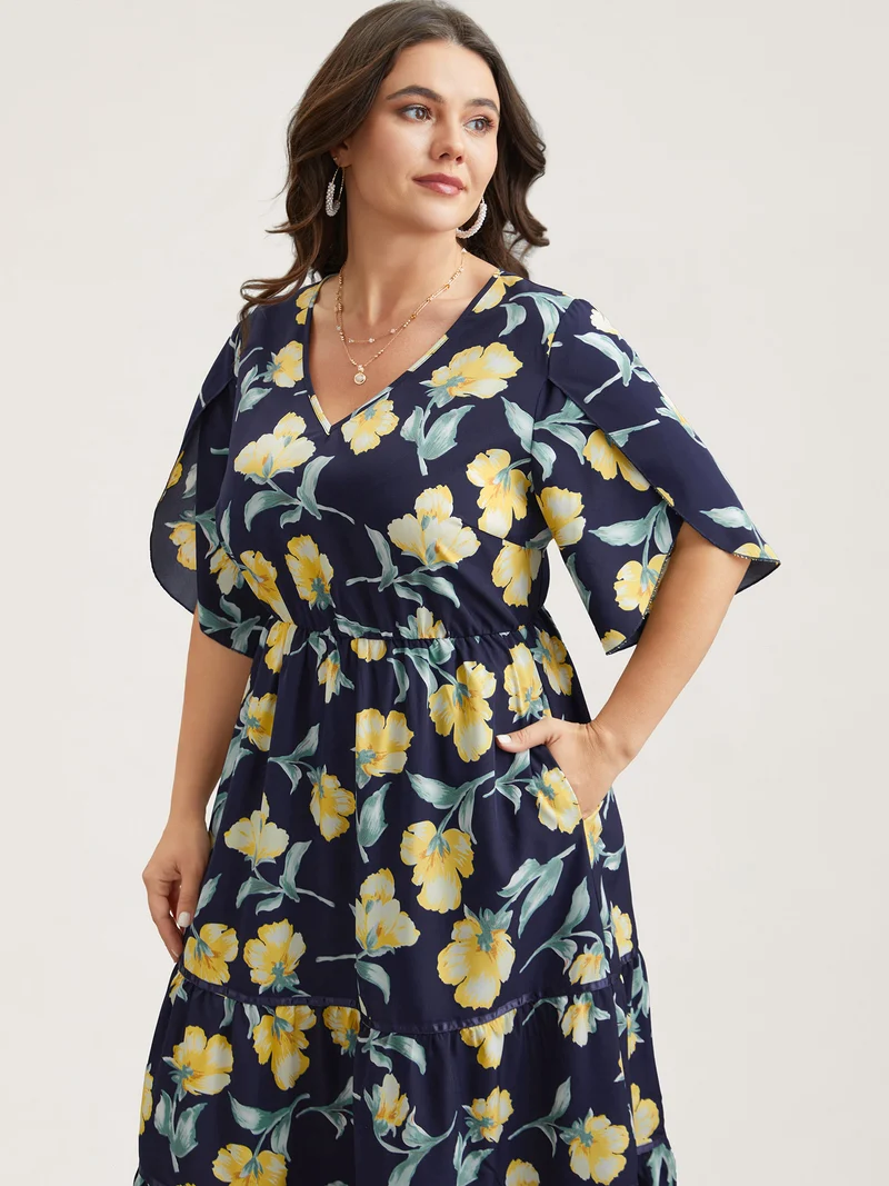 Spring Flowers V-Neck Tiered Midi Dress