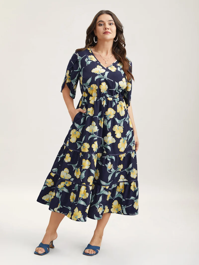 Spring Flowers V-Neck Tiered Midi Dress