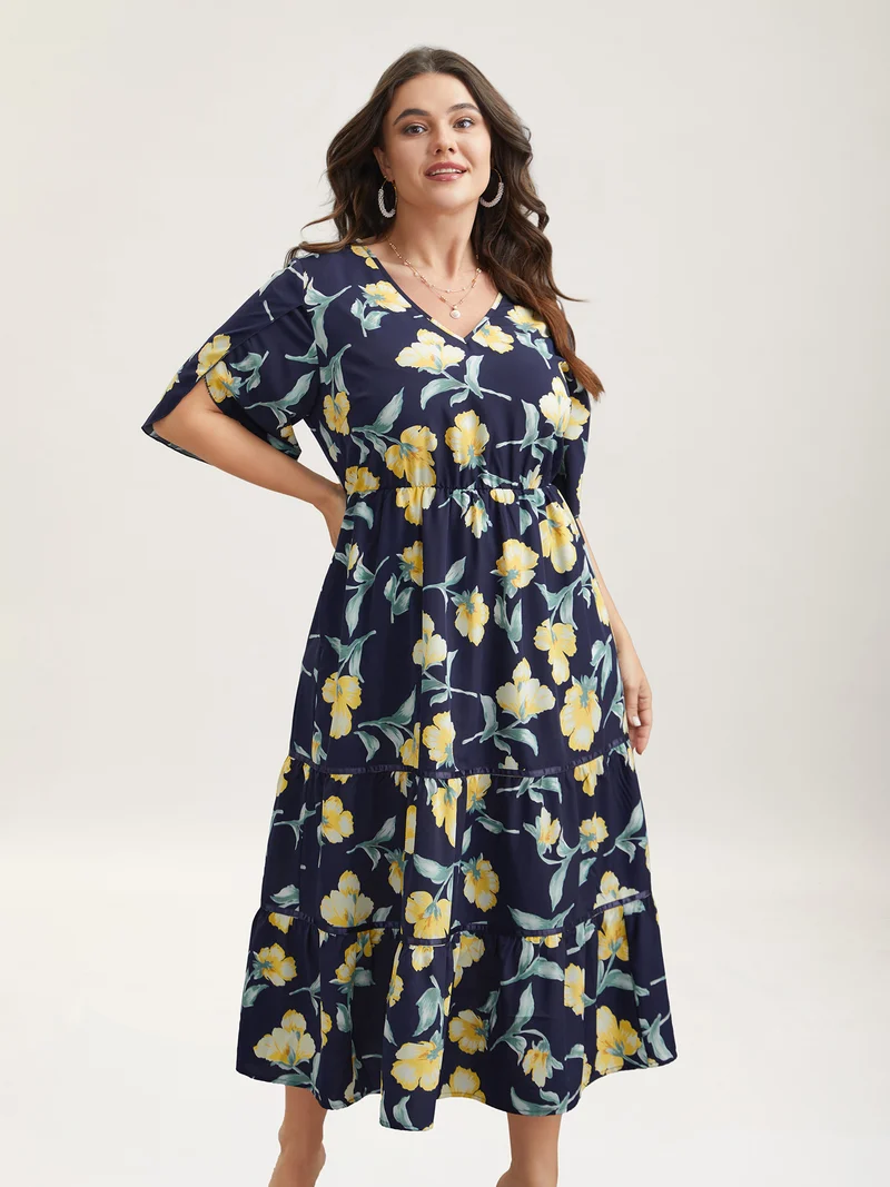Spring Flowers V-Neck Tiered Midi Dress