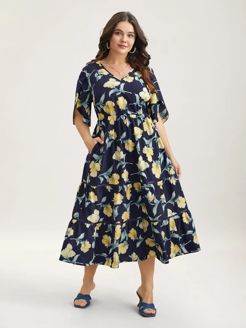 Spring Flowers V-Neck Tiered Midi Dress