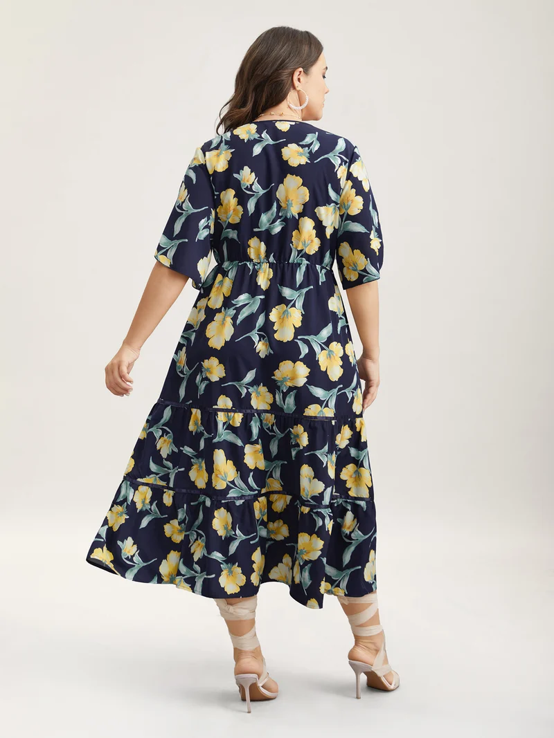 Spring Flowers V-Neck Tiered Midi Dress