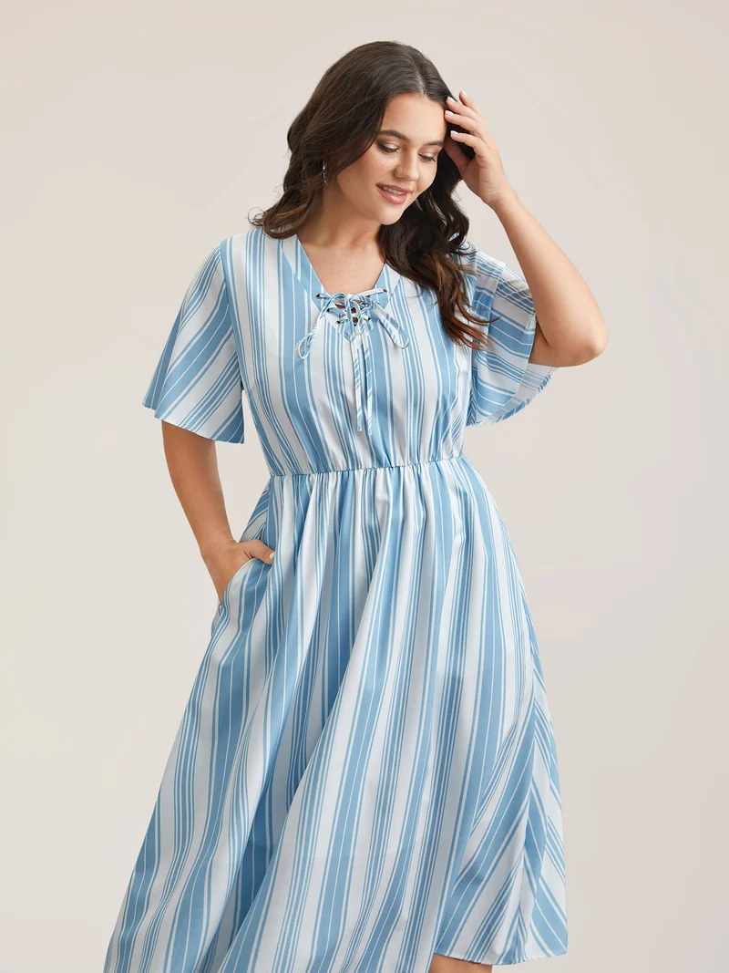 Nautical Stripes Neck Tie Midi Dress