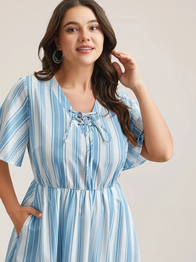 Nautical Stripes Neck Tie Midi Dress