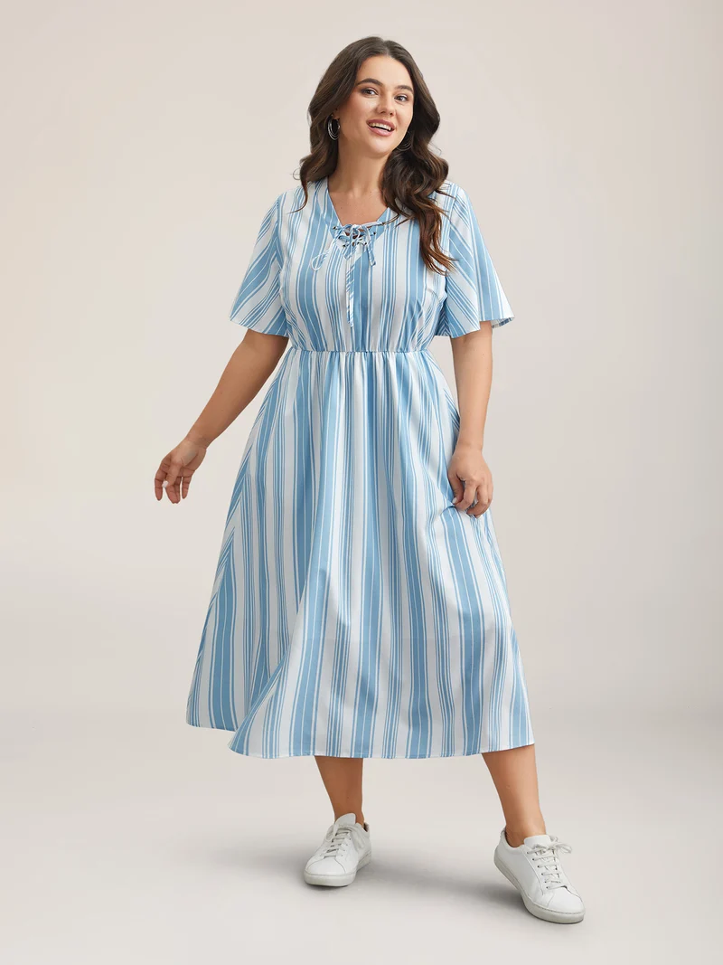 Nautical Stripes Neck Tie Midi Dress