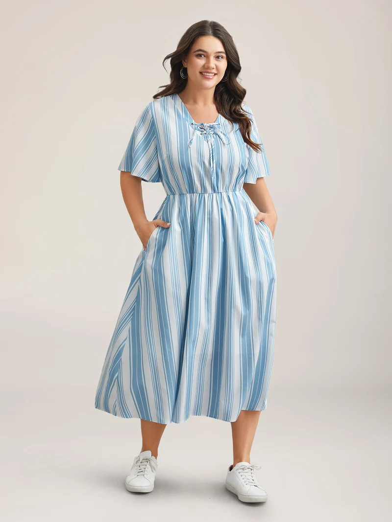 Nautical Stripes Neck Tie Midi Dress