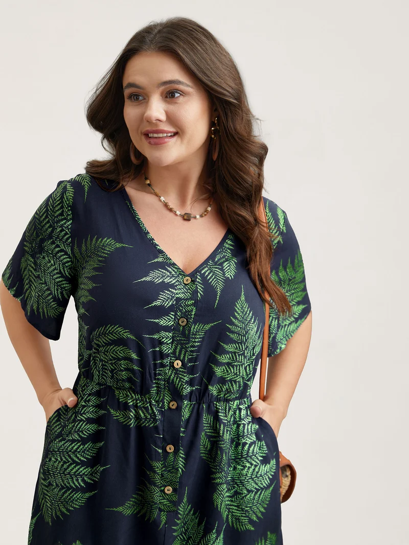 Tropical Leaf Print Pockets Button Romper