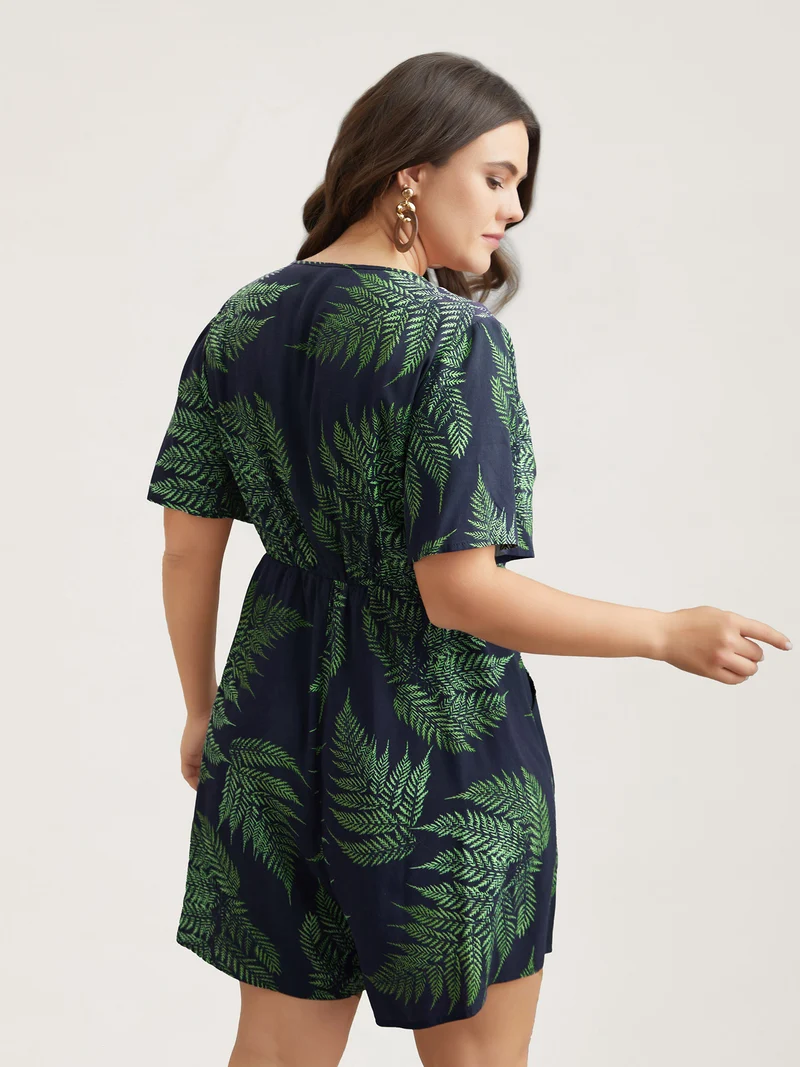 Tropical Leaf Print Pockets Button Romper