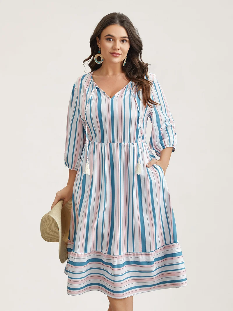 Stretchy Striped Tassels Tiered Midi Dress