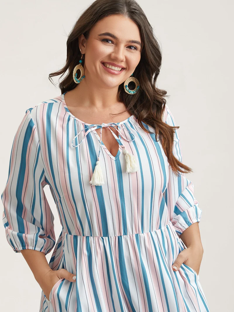 Stretchy Striped Tassels Tiered Midi Dress
