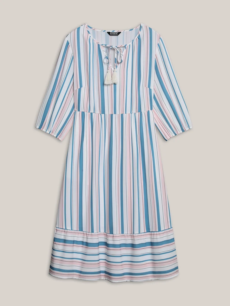 Stretchy Striped Tassels Tiered Midi Dress