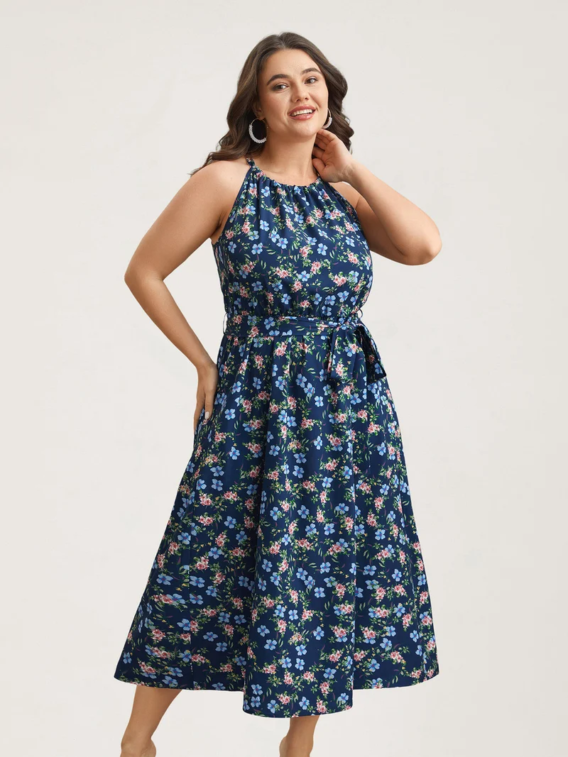 Floral Print Belted Stretchy Waist Midi Dress