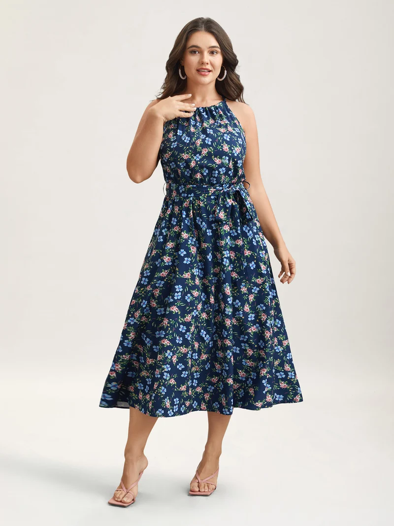 Floral Print Belted Stretchy Waist Midi Dress