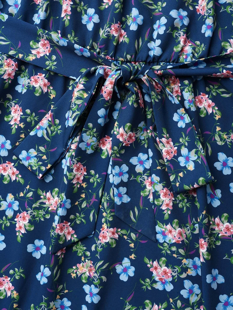 Floral Print Belted Stretchy Waist Midi Dress