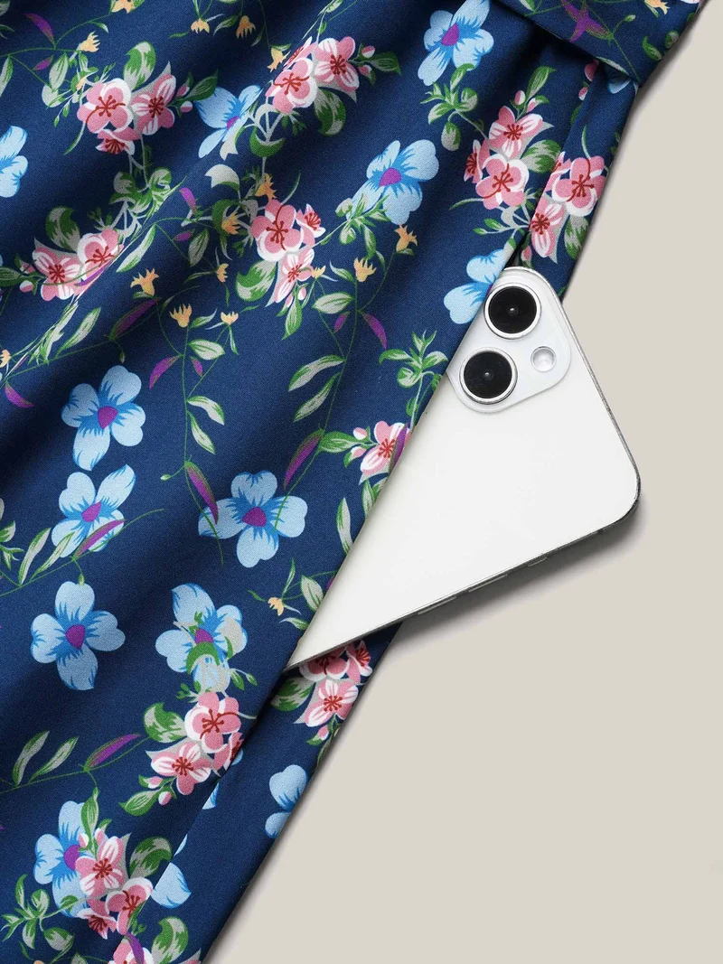Floral Print Belted Stretchy Waist Midi Dress