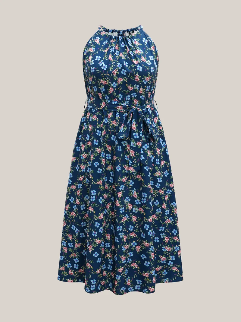 Floral Print Belted Stretchy Waist Midi Dress
