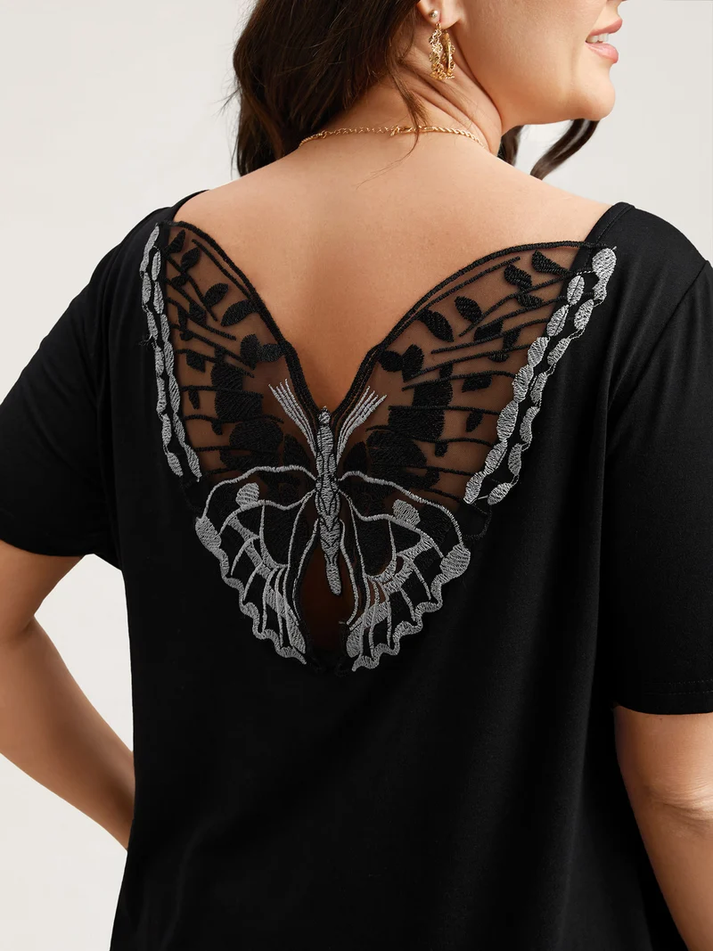 Butterfly Back Stretchy Round Neck T-Shirt