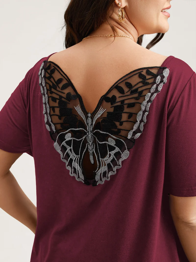 Butterfly Back Stretchy Round Neck T-Shirt
