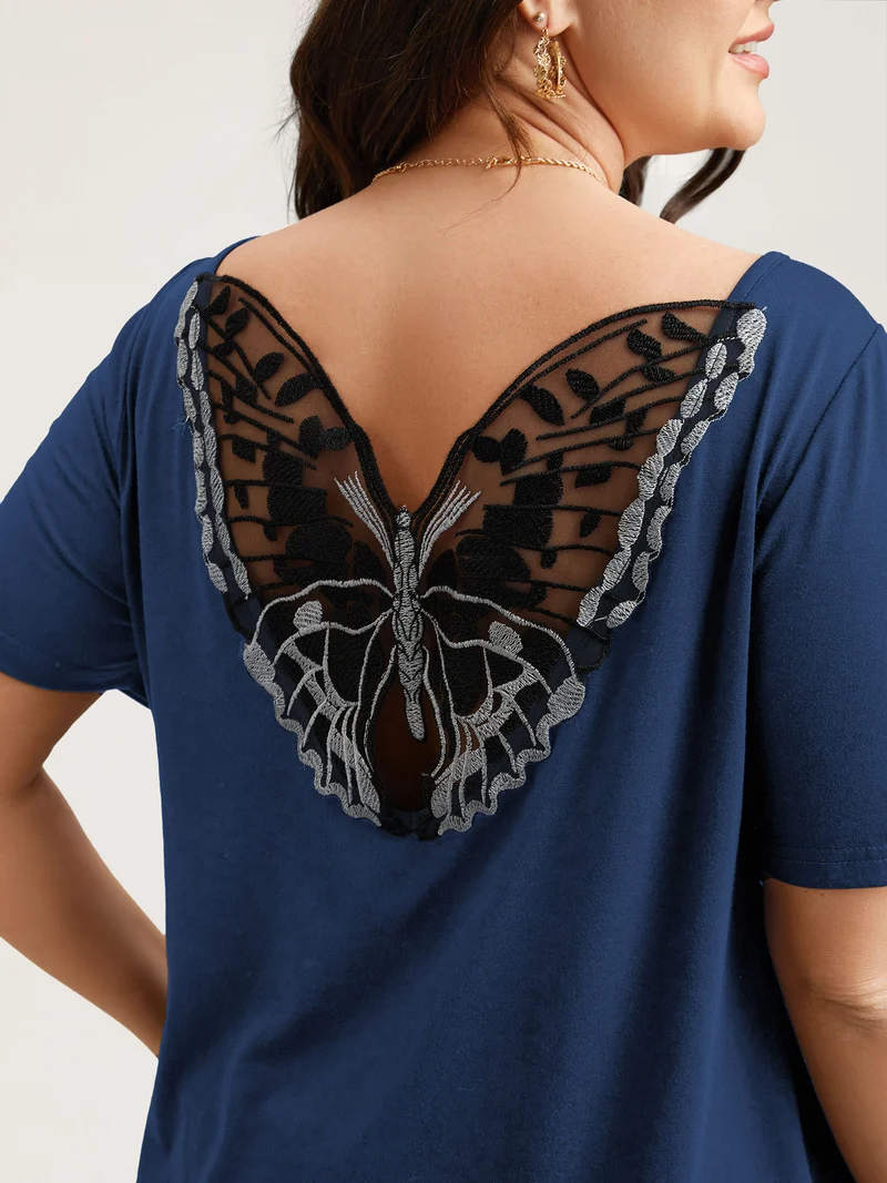 Butterfly Back Stretchy Round Neck T-Shirt