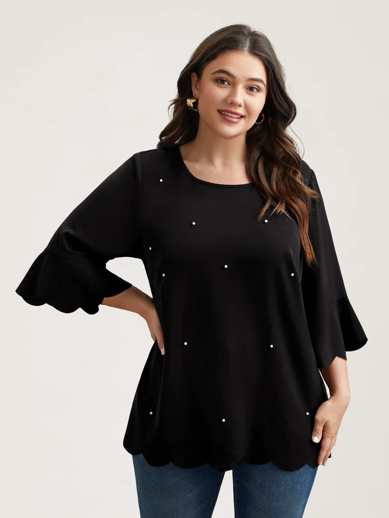 Beads Embellished Scalloped Hem Shirt